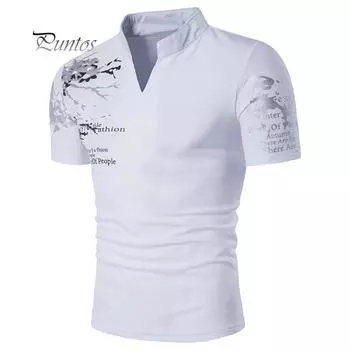 Мужская мужская летняя футболка с буквенным принтом и воротником-стойкой с V-образным вырезом и коротким рукавом, облегающий топ XXL белый