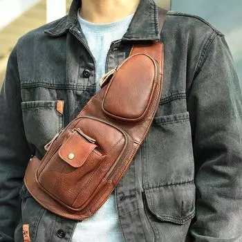 Мужская нагрудная сумка из натуральной кожи Premium Sense Cowhide Повседневная нагрудная сумка Мужская сумка через плечо кофейный