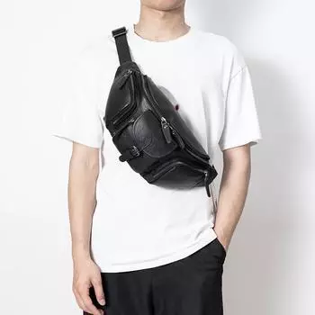 Мужская нагрудная сумка из натуральной кожи, многофункциональная кожаная поясная сумка, сумка для путешествий из коровьей кожи чёрный