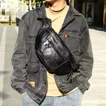 Мужская нагрудная сумка из натуральной кожи, сумка через плечо для мотоцикла, сумка через плечо из коровьей кожи чёрный