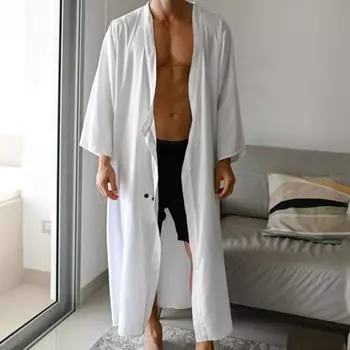 Мужская накидка, пальто, однотонная свободная рубашка, куртка с длинным рукавом, мягкая дышащая ткань, длинная рубашка, универсальная повседневная одежда S белый