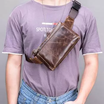 Мужская натуральная кожаная винтажная поясная сумка из вощеной коровьей кожи с защитой от кражи нагрудная сумка для сотового телефона чёрный