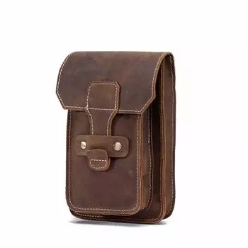Мужская натуральная оригинальная кожа, повседневный дизайн, маленькая поясная сумка, модная поясная сумка с крючком темно-коричневого