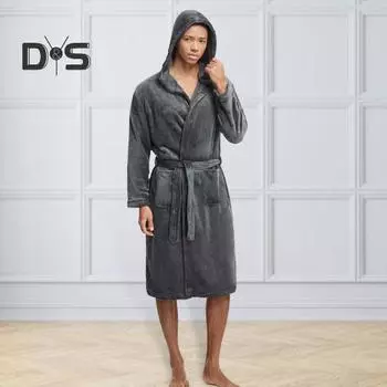 Мужская ночная рубашка с капюшоном, длинными рукавами, поясом, фланелевым халатом с карманами, однотонная быстросохнущая ткань, длина до колена, домашний халат чёрный