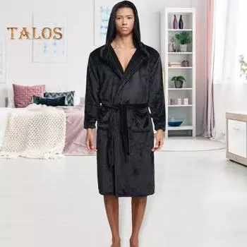 Мужская ночная рубашка с капюшоном, длинными рукавами, поясом, фланелевым халатом с карманами, однотонная быстросохнущая ткань, длина до колена, домашний халат чёрный