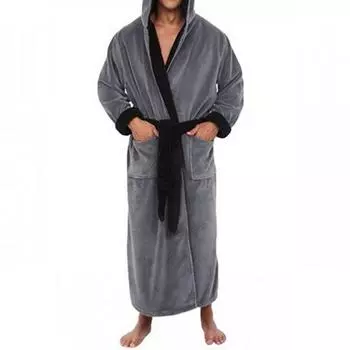 Мужская ночная рубашка с капюшоном и длинным рукавом, цветной утолщенный плюшевый халат со шнуровкой и поясом, длинный M красный