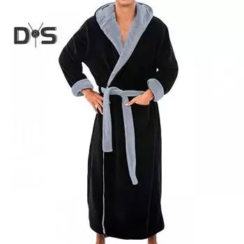 Мужская ночная рубашка с капюшоном и длинным рукавом, цветной утолщенный плюшевый халат с поясом на шнуровке, длинный стиль, теплоизоляция, домашняя одежда M чёрный