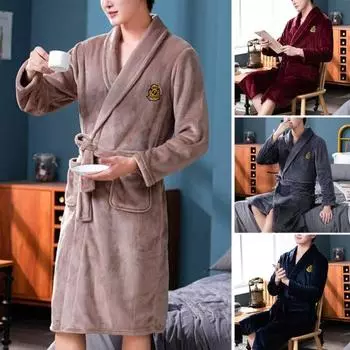 Мужская ночная рубашка с карманами, антифриз длиной до колена, утолщенная плюшевая мужская ночная рубашка, халат, пижама, домашняя одежда L темно-синий