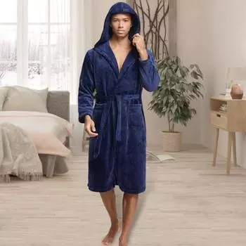 Мужская ночная рубашка Yousheng с капюшоном, длинными рукавами, поясом, фланелевым халатом с карманами, однотонная быстросохнущая ткань, халат для дома длиной до колена чёрный