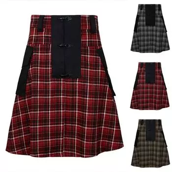 Мужская новая летняя шотландская юбка-фартук, клетчатая юбка-фартук с контрастной строчкой L кофейный