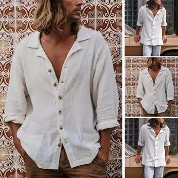 Мужская новая многослойная свободная повседневная рубашка с кубинским воротником, мужская однотонная удобная рубашка с откидным воротником S белый