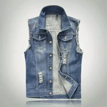 Мужская новая мода джинсовый жилет повседневная ковбойская куртка с плечевой блузкой XXL синий
