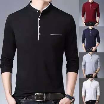 Мужская новая модная мужская футболка с воротником-стойкой с длинным рукавом, чистая рубашка, топ 2XL чёрный