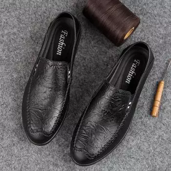 Мужская новая обувь Doudou 2025 года, ленивые туфли с одной педалью, мужские кожаные туфли большого размера, повседневная обувь из натуральной кожи, импортная торговля 37 чёрный