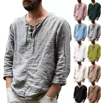 Мужская новая однотонная однотонная модная хлопково-льняная рубашка с длинными рукавами, топ с завязками XXXL чёрный