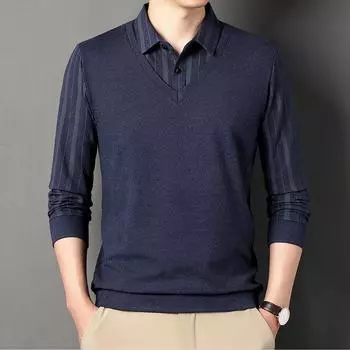 Мужская новая осенне-зимняя футболка с длинными рукавами, рубашка поло для молодежи и людей среднего возраста с отворотом, модная полосатая нижняя рубашка для мужчин M