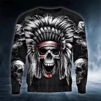 Мужская новая осенняя футболка с круглым вырезом и длинным рукавом, 3D-принт с рисунком ужасного ретро-черепка, повседневные модные топы, футболки, мужская одежда S