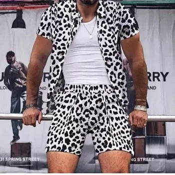 Мужская новая повседневная пляжная одежда в гавайском стиле с леопардовым принтом и короткими рукавами, повседневная рубашка с лацканами из двух предметов S