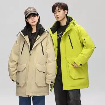 Мужская новая зимняя корейская мужская куртка средней длины с капюшоном, утолщенная теплая белая куртка на утином пуху, парное пальто S