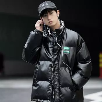 Мужская новая зимняя куртка в шахматную клетку на хлопковой подкладке, куртка из искусственной кожи с воротником-стойкой для пар M чёрный