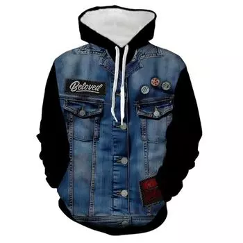 Мужская новинка 3D Denim Pattern Print Hoodie Sweatshirt - Весна Осень Повседневная Повседневная Одежда S