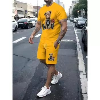 Мужская новинка, повседневный наряд, полиэстер, круглый вырез, слегка эластичная трикотажная ткань, стандартный крой - Летний модный ансамбль S