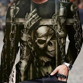 Мужская новинка с длинным рукавом и круглым вырезом с принтом «Череп в тюрьме» 3D, весна-осень, вечеринка на Хэллоуин S