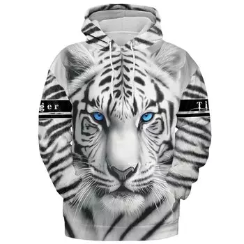 Мужская новинка с капюшоном White Tiger с реалистичным 3D-принтом, модная толстовка, осенняя женская мода, повседневный свободный пуловер S