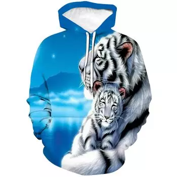 Мужская новинка с капюшоном White Tiger с реалистичным 3D-принтом, модная толстовка, осенняя женская мода, повседневный свободный пуловер 3XL
