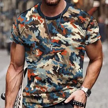 Мужская новинка с коротким рукавом и круглым вырезом с камуфляжным принтом и 3D-принтом, летние виды спорта на открытом воздухе S