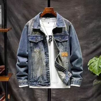 Мужская облегающая джинсовая куртка с ретро-принтом и буквами - ностальгический выстиранный стиль 2XL серый/синий