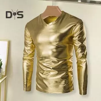 Мужская облегающая футболка с V-образным вырезом и длинным рукавом, модная блестящая бронзовая блестящая мужская блузка для вечеринок, сцен, выпускных вечеров 4XL золотистый