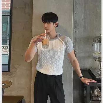 «Мужская облегающая футболка-свитер с круглым вырезом, контрастным узором, короткими рукавами и переплетенными нитями — корейский стиль» XXL серый