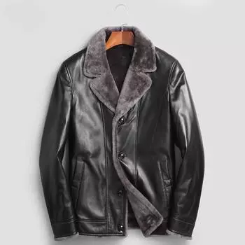 Мужская облегающая одежда из натуральной кожи со встроенным мехом, мужская утепленная кожаная куртка, зимнее пальто с мехом среднего возраста L чёрный