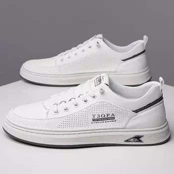 Мужская обувь 2024 года, лето, новая корейская версия, трендовые кожаные маленькие белые туфли, мужская мягкая подошва, полые дышащие повседневные туфли для доски 38