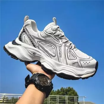 Мужская обувь 2024 года, новая осенняя дышащая сетчатая модная популярная обувь для пап, молодежная обувь для отдыха, спорта, на платформе, модная обувь 39 белый