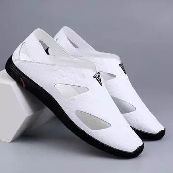 Мужская обувь 2025 года, летние новые сандалии большого размера, однотонные, дышащие, повседневные туфли из полой кожи в британском стиле, двухслойные туфли для вождения 37 белый