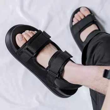 Мужская обувь 2025 года, летняя новая мужская пляжная обувь, сандалии, универсальная на липучке, повседневная спортивная обувь для ветра 1502-R 38 чёрный