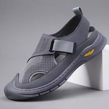 Мужская обувь 2025 года, летняя, новая, полая, дышащая, для вождения, для папы, мягкая подошва, повседневные, сандалии с дырками и сумкой на голове, мужское поколение 38 чёрный