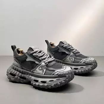 Мужская обувь 2025 года, летняя, удобная и дышащая, обувь Paris Daddy, толстая подошва, внутренняя высота, увеличивающая универсальность, высококачественная, сетчатая повседневная обувь 39 чёрный