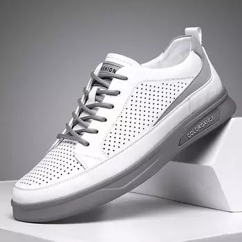 Мужская обувь 2025 года, лето, новые белые повседневные туфли с полыми отверстиями, классные кожаные туфли, мужские дышащие туфли для сноуборда, прилив 38