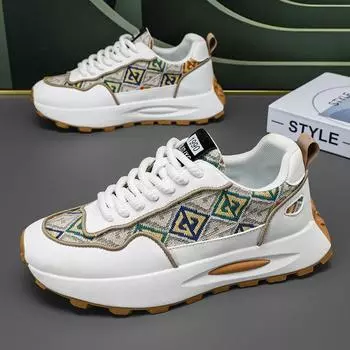 Мужская обувь 2025 года, новые летние дышащие туфли на высокой платформе для пап, молодежные повседневные кроссовки для бега с принтом, спортивные модные туфли 39 бежевый