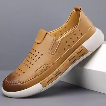 Мужская обувь 2025 года, новые летние кожаные повседневные кожаные туфли с отверстиями, дышащая обувь с отверстиями, модная спортивная обувь с мягкими бортами для активного отдыха 38