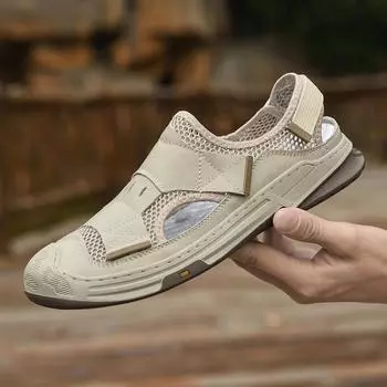 Мужская обувь 2025 года, новые летние мужские дышащие сетчатые сандалии-мешки, удобные повседневные пляжные туфли на липучках 38 бежевый