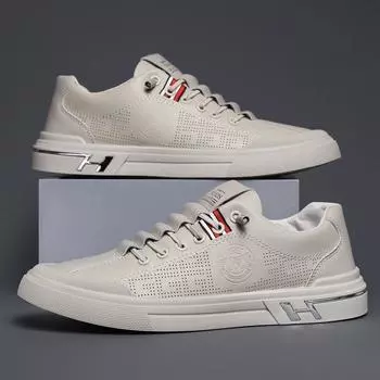 Мужская обувь 2025 года, новые летние повседневные белые туфли для досок, дышащие и универсальные кожаные туфли с одной педалью, мужские спортивные белые туфли, модная обувь 39 белый