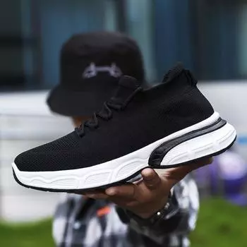 Мужская обувь 2025 года, весна и осень, новые эластичные носки, мужская обувь средней высоты для спорта и отдыха, летающая плетеная обувь, мужская модная обувь 39 чёрный