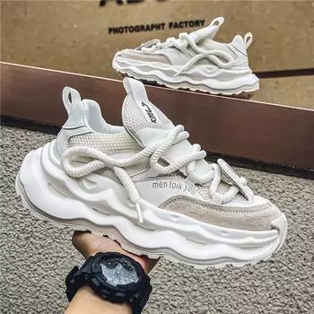 Мужская обувь 2025 года, весна, новые дышащие сетчатые туфли для пап, универсальная толстая подошва, усиливающая тренд, модная спортивная повседневная обувь 39 белый
