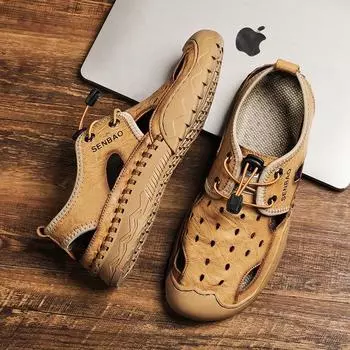 Мужская обувь больших размеров, новые летние спортивные и повседневные полые дышащие сандалии, обувь с дырочками, пляжная обувь ручной работы без завязок 38 чёрный