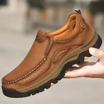 Мужская обувь больших размеров, уличная обувь для отдыха с мягкой толстой подошвой, нескользящая кожаная обувь без шнуровки, удобная походная обувь 38 чёрный