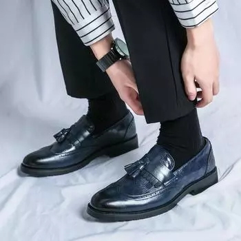 Мужская обувь большого размера, новые кожаные туфли, модный комплект, кожаные туфли с кисточками, деловые туфли, свадебные туфли для жениха H528 38 чёрный